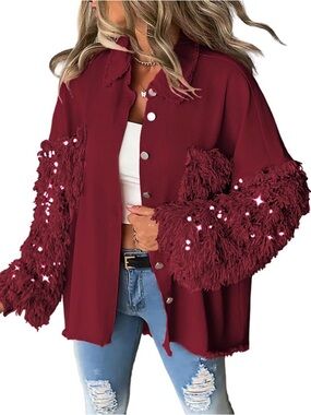 Women’s Burgundy Fringe Sleeve Jean Jacket